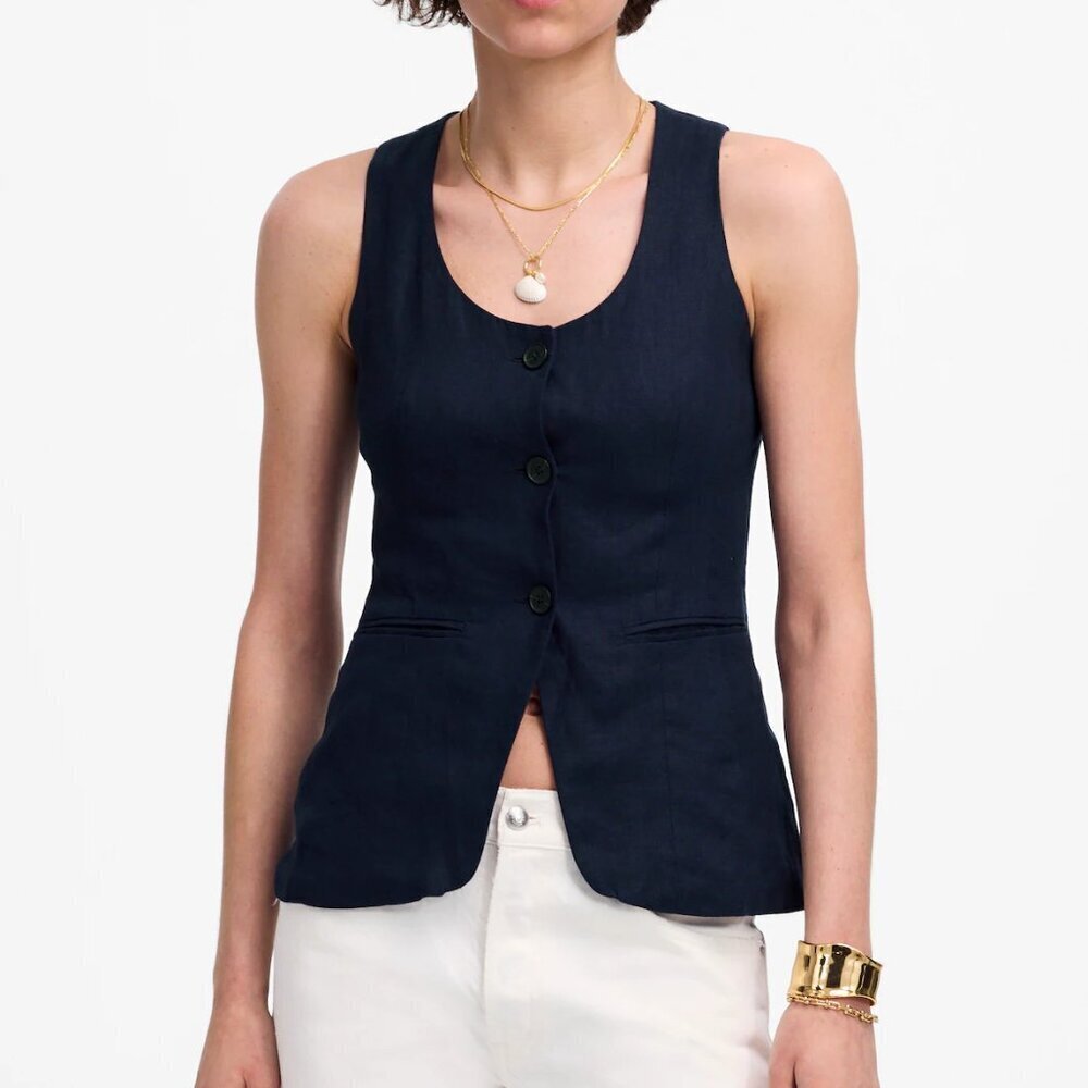 Madewell Scoopneck Cutaway Linen Welt Pockets Vest Navy Size 4/S NWT